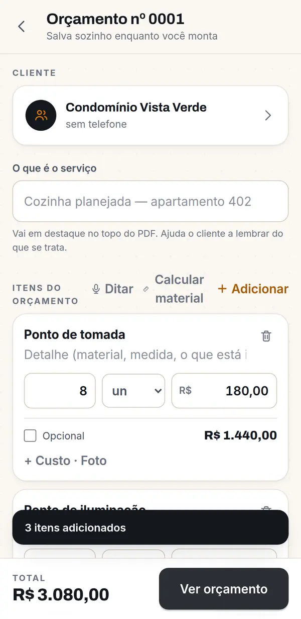 O orçamento montado, com total, condições e validade já preenchidos