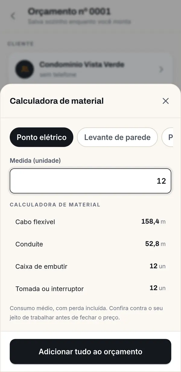 A calculadora de material devolve cabo, conduíte e caixas como linhas prontas